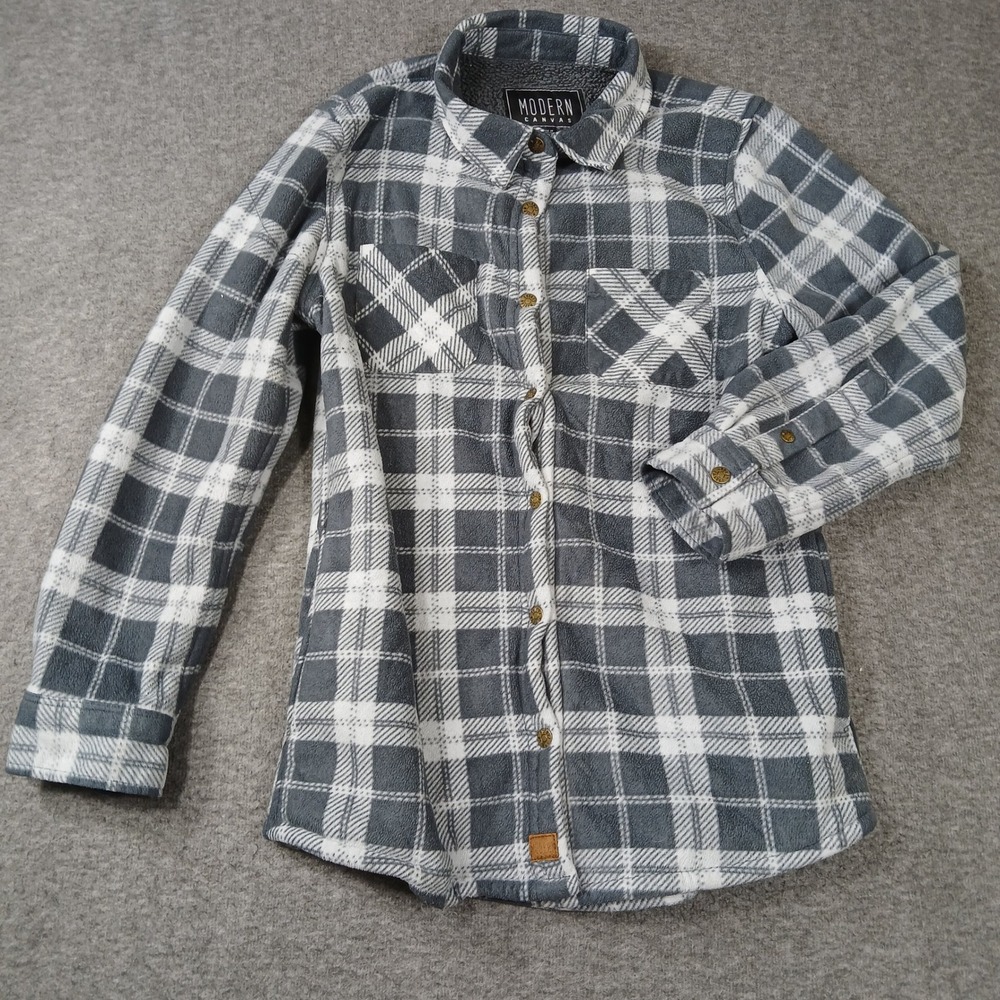 Modern Canvas Mens Grey Plaid Sherpa Lined Fleece‎ Shirt Jacket Small
